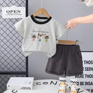 Kids Boutique Outfits Clothes for Baby Casual Cartoon Striped O-neck Short Sleeve T-shirts and Shorts Boys Suit Set