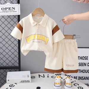 Kid's Clothes Suit for Boy Letter Patchwork Turn-down Collar Pullover Short Sleeve T-shirts and Shorts Children's Sets