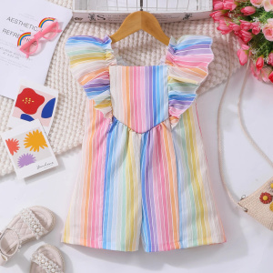 Kids Girl Rainbow Jumpsuit Short Sleeve Cotton Colorful Toddler Girl Bodysuit Fashion Cute Sweet Children Clothes 2-7 Yrs