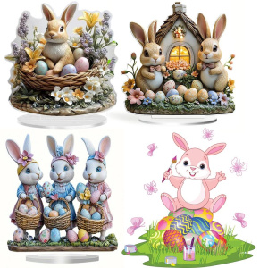 2D Flat Easter Colorful Bunny Ornament Acrylic Bunny Statue Desktop Rabbit Decoration Glass Statue Ornaments for Fireplace Books