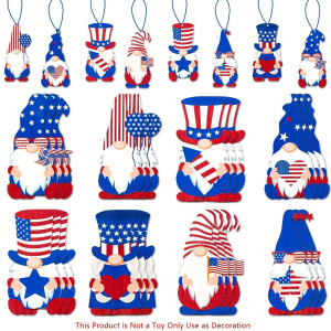 24Pcs Independence Day Ornaments Hanging Pendants for 4th of July Party Supplies, Red White Blue Patriotic Gnomes Shaped Cutouts