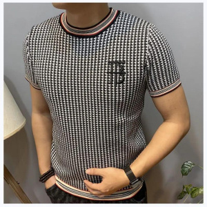 Men's Thousand Bird Checkered Hoodie Sweater New Short Sleeve Personalized Knitted Sweater Embroidered Fashion