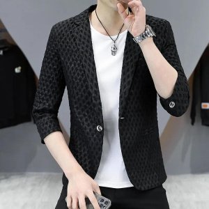 HOO men's white pleated jacquard cropped sleeves blazer