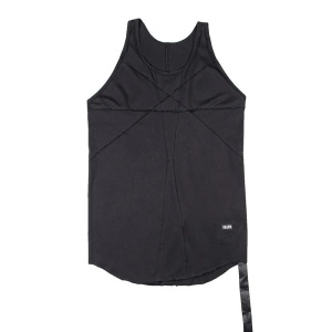 High Street Black Dark RO Cotton Patchwork Ribbon Tee Men's Tank Top Exposed Back and Frayed Edges Sleeveless Base Tanks