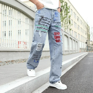 Men's y2k Baggy Jeans Hip Hop Ripped Trousers Harem Cartoon Loose Graffiti Printing Denim Casual Pants Cargo Jeans for Men