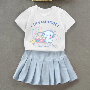 Cinnamoroll T-shirt Pleated Skirt Set for Children New Cartoon Tee Top Girls Clothes Skirts 2pcs Suit Fashion Short Sleeve Gift