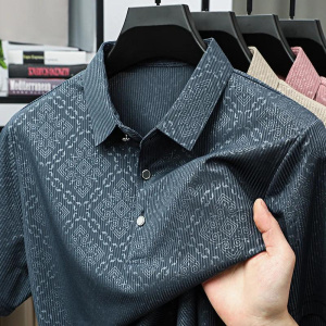 Men's Ice Silk Short-sleeved POLO Shirt Printed Button Business Casual Breathable T-shirt Thin Cool Loose Lapel Tops