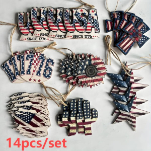 14pcs/set vintage wooden patriotic hanging decorations, July 4th party decorations, Independence Day party decorations, home dec