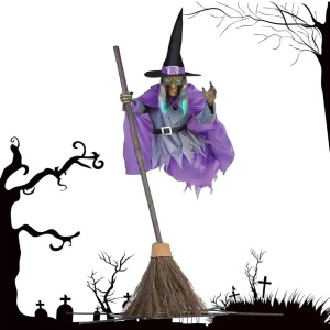 Halloween Flying Witch Decor Flying Witch Decoration with Terrifying Sounds & Lights Large Hovering Witch Prop with Glowing Eyes