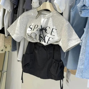 Fashion Girls Baby Casual Clothing Set Short Sleeved Letters Printed T Shirts+pockets Skirts,Kids Children 2 Clothes