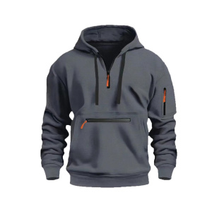 Cross border men's hoodie with waterproof zipper pockets, multi pocket pullover, sports and casual hoodie