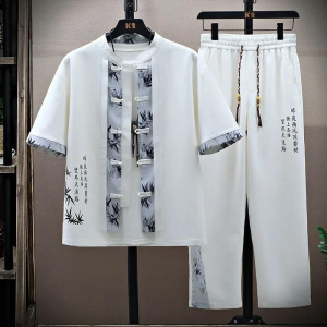 New Fashion Trend Printed Short-Sleeved Shirt and Trousers Set For Men Loose Sporty Comfortable Breathable Two-Piece Set