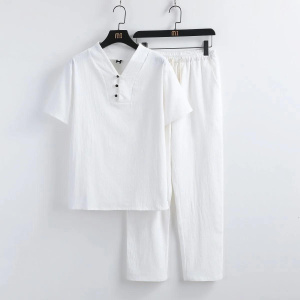 New Fashion Solid Color Linen Short-Sleeved T-Shirt Set Men's Loose Sport Fashion Breathable High-Quality Two-Piece Set