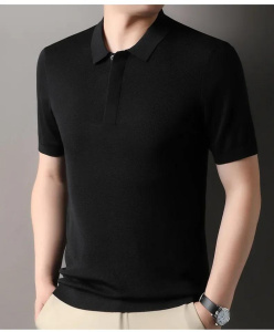 Luxury knitted sweater men's thin lyocell polyester silk blending POLO shirt short sleeve gray Green Black Mens pullover T-shirt