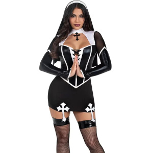 Women's Faux Leather Halloween Costume PU Cosplay Nightclub Maid Nun Long Sleeve Hollow Out Skirt