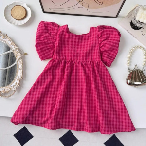Children Short Sleeve Sweet Plaid Bow Princess Dress 1 Pc 3-7 Years Girls Party Fashion Cute Clothing