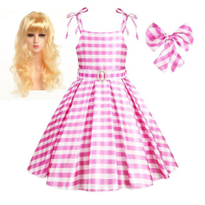 Disney Vintage Pink Plaid Dress Barbie Role Play Frock with Belt Girls Halloween Cute Doll Icon Cosplay Barbie Costume 2-12Yrs