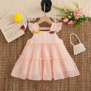 0-4 Years Girl Kids Dress Colorful Striped Fly Sleeve Yarn Dress for Kids Girl Beach Party Dress