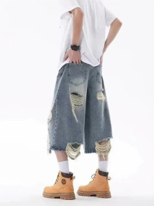 DM New Fashion Men's Knee Length Destructive Style Distressed Denim Shorts Loose Straight Leg Seven Quarter Jeans