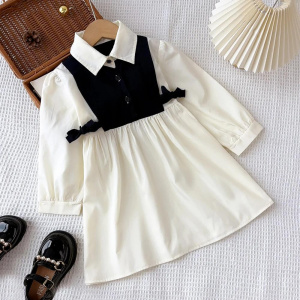 Girls Fashion Cute Clothes Turn-down Collar Long Sleeve A-Line Dress 1 Pc 3-7 Years Kids Simple Casual Wear