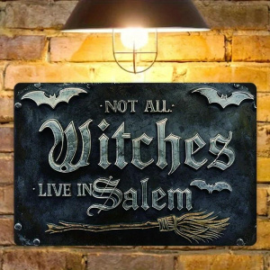Halloween Metal Sign with Bat And Broom Design - "The Witch Lives in Salem" Scary Wall Decoration for Home, Garage Or Farmhouse