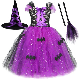 Halloween Festive Party Girls Cosplay Witch Purple Puffy Sleeveless Bat Decoration Dress Girls Classic Festive Clothing Set