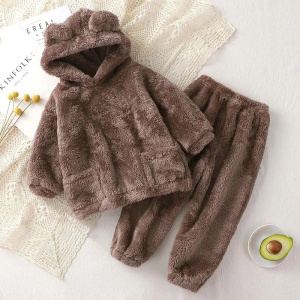 New Flannel Pajamas for Girls Boys Sleepwear Hooded Long Sleeve Tops Pants Sets Baby Kids Fashion Homewear Costume