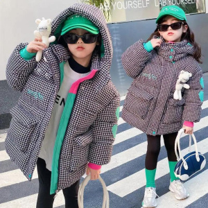 4-12 Years Girls Jacket New Lattice Lining Plush Thick Keep Warm Hooded Parkas For Kids Down Cotton Overcoat