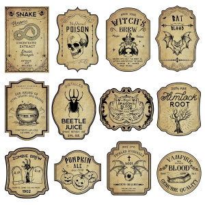 12/24PCS Halloween Retro Horror Gothic Wine Bottle Decals – Vintage Witch Potion Graffiti Stickers for Party Decor