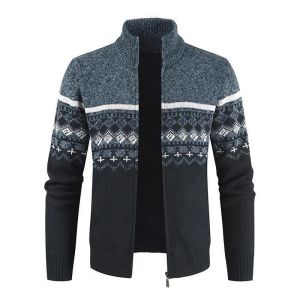 New Men's Casual High Neck Long Sleeved Knitted Top with Diamond Pattern Fashionable Versatile Jacket
