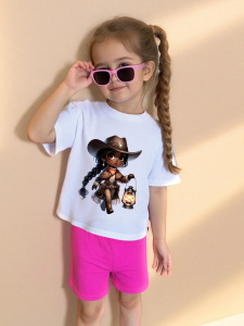 2pcs Toddler Girl Outfit Cartoon Western Cowboy Girl Print T Shirt Top and Casual Shorts Set