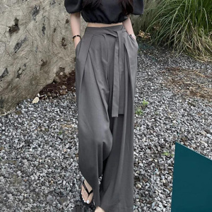Ele High Waist Draped Asymmetric Belted Wide Leg Floor Length Pants Women's Casual Trousers Cotton High Waist Long Pants