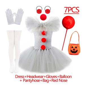 Girls Gray Joker Costume Handmade Mesh Tutu Dress Kids 2024 Halloween Carnival Cosplay Party Creepy Clown Children Clothes