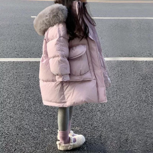 Thick Down Cotton Jackets Girls Padded Warm Mid-Length Coat Kids Fur Collar Hooded Outerwear Children Clothes Parka 4-12Y