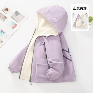 Teen Girls Polar Fleece Double-Sided Jacket New Letter Print Loose Hooded Warm Windbreaker Coats Kids Outdoors Outerwear