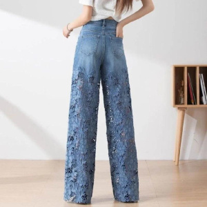 Y2k Women's cute jeans High Leg Waisted Wide Fashion Hollow Lace Patchwork Denim Pants