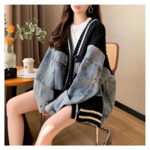 Loose V-Ne Denim Jaet Women's Style Korean Lazy Splicing Sweater Cardigan Trendy New Arrival Warm Mid-Length