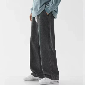 Fashion Men's Solid Color Drape Jeans Loose Straight Korean Vintage High Street Hip-hop  Casual Daily Dragging Wide-leg Pants