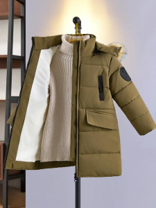 Boys Girls Thick Jackets New Kids Plus Velvet Fur Collar Warm Coats Solid Hooded Long Parka Cotton Outerwear 5-10Y