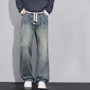 Large Pocket Retro Jeans Wide Straight Loose Trousers Comfortable High Quality Soft Cozy Male Pants Versatile Trendy Clothing