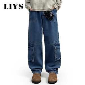 Men's Blue Retro Washed Workwear Jeans Male Multi Pocket Straight Tube Loose Work Clothes Denim Pants Goth Pants