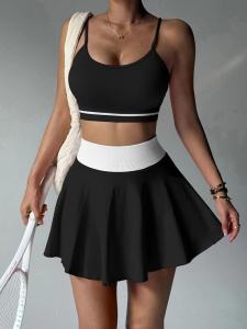 TRY TO BN Yoga Tennis Skirt Set Shorts Sports Bra Cross Beautiful Back Contrasting Color Fitness Suits Workout Gym Woman Clothes