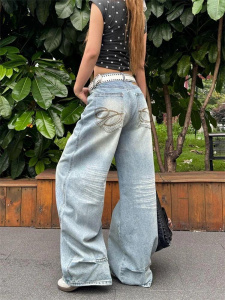 Light Blue Vintage Embroidery Jeans Women Loose Wide Leg Pant Low Rise Jeans Fashion Casual Denim Pants