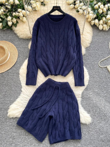 SINGREINY Casual Korean Knit Sets Women Long Sleeve O Neck Pullover + High Waist Shorts Senior Loose Sweater Chic 2PC Suits