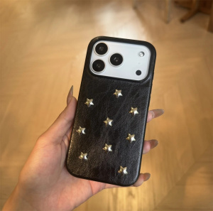 Luxury Stars Rivet Ornament PU Leather Black Phone Case for iPhone 17 16 Pro & Pro Max Hard Back Cover Coque Women Cute