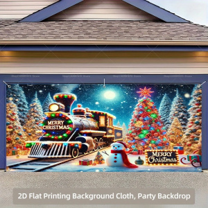 Merry Christmas Red Train Snowman Garage Door Banner Xmas Party Decor Photography Backdrop Outdoor Walls Events Background Props