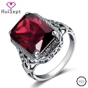 HuiSept Classic Silver 925 Ring Jewelry Rectangle Shape Ruby Gemstone Ring for Male Female Wedding Party Gift Ornament Wholesale