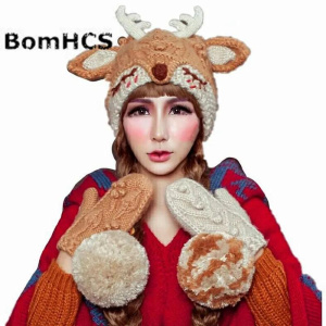 BomHCS Fawn Beanie + Gloves Suit 100% Handmade Knit Girl's Warm Hat Mittens Cute Antlers Ears Pompoms