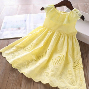 Solid Embroidered Hollow Ruffled Neck Dress for Baby Girls