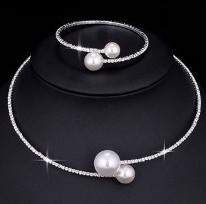 Fashion Simulated Pearl Bridal Jewelry sets For Women Adjustable Choker Earring Necklace Bracelet Crystal Wedding Jewelry Gift